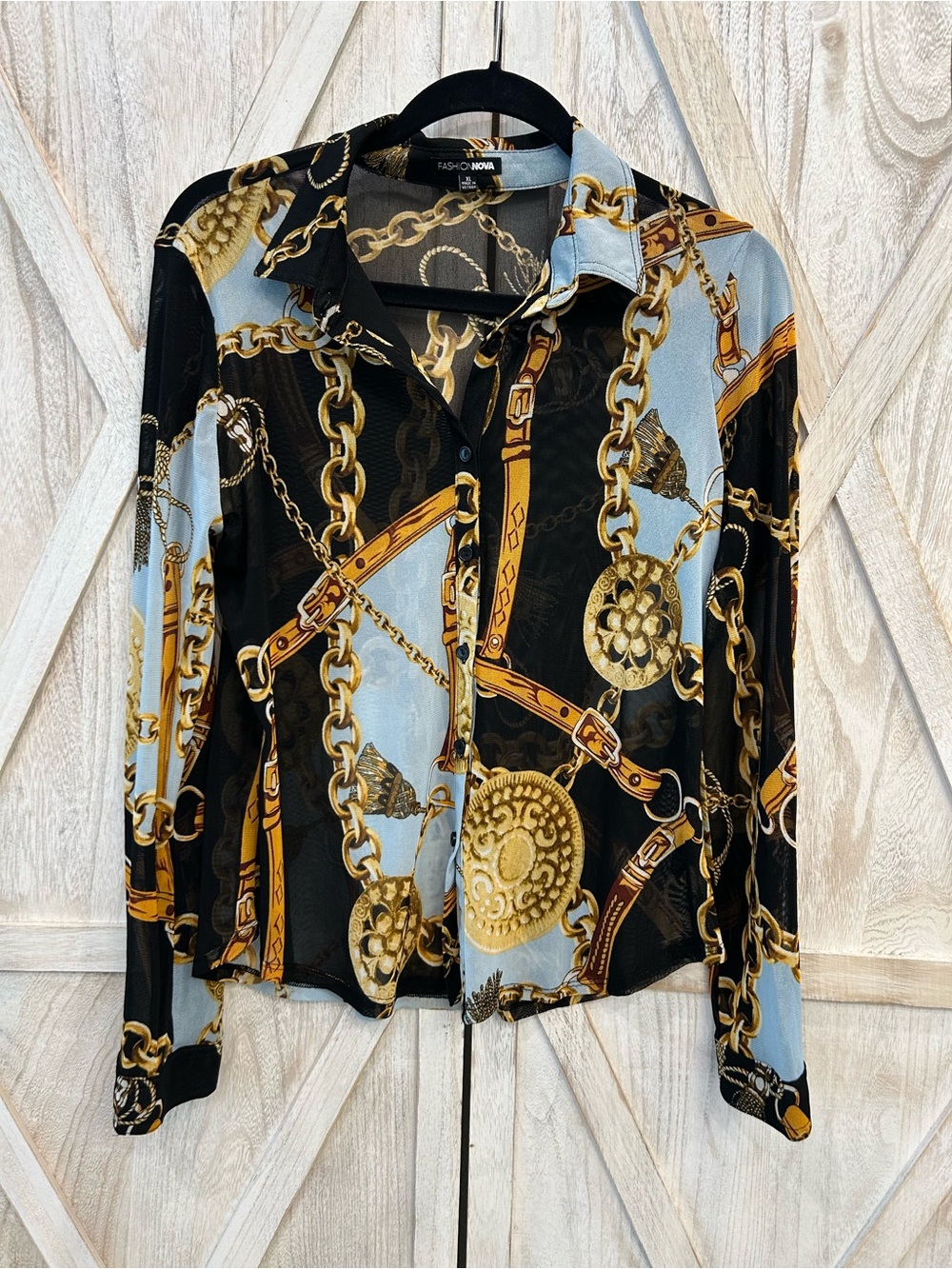 Fashion Nova Black & Light Blue Chain and Equestrian Print Button-Up Shirt